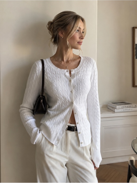 Tommy Hilfiger Sweaters - Tommy Hilfiger White Cable Knit Pima Cotton Cardigan M